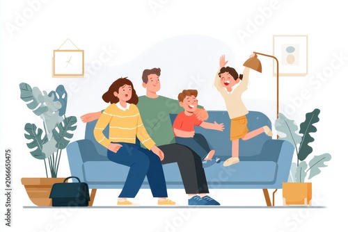 family - husband, wife and kid and nanny at  living room scene sitting on sofa, parent dropping work bag to join in laughter. Household help for mothers. parenthood. 