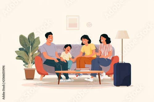 family - husband, wife and kid and nanny at  living room scene sitting on sofa, parent dropping work bag to join in laughter. Household help for mothers. parenthood. 