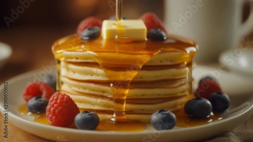 Golden maple syrup slowly cascading over a stack of fluffy pancakes with fresh berries and butter melting, cinematic breakfast scene