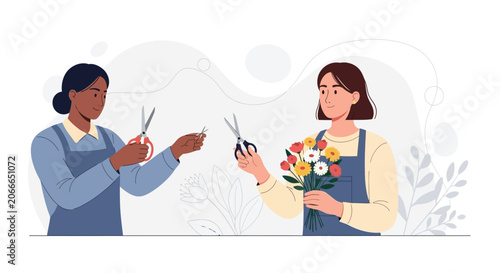 Two diverse florists arranging a beautiful bouquet of colorful flowers with scissors, vector illustration