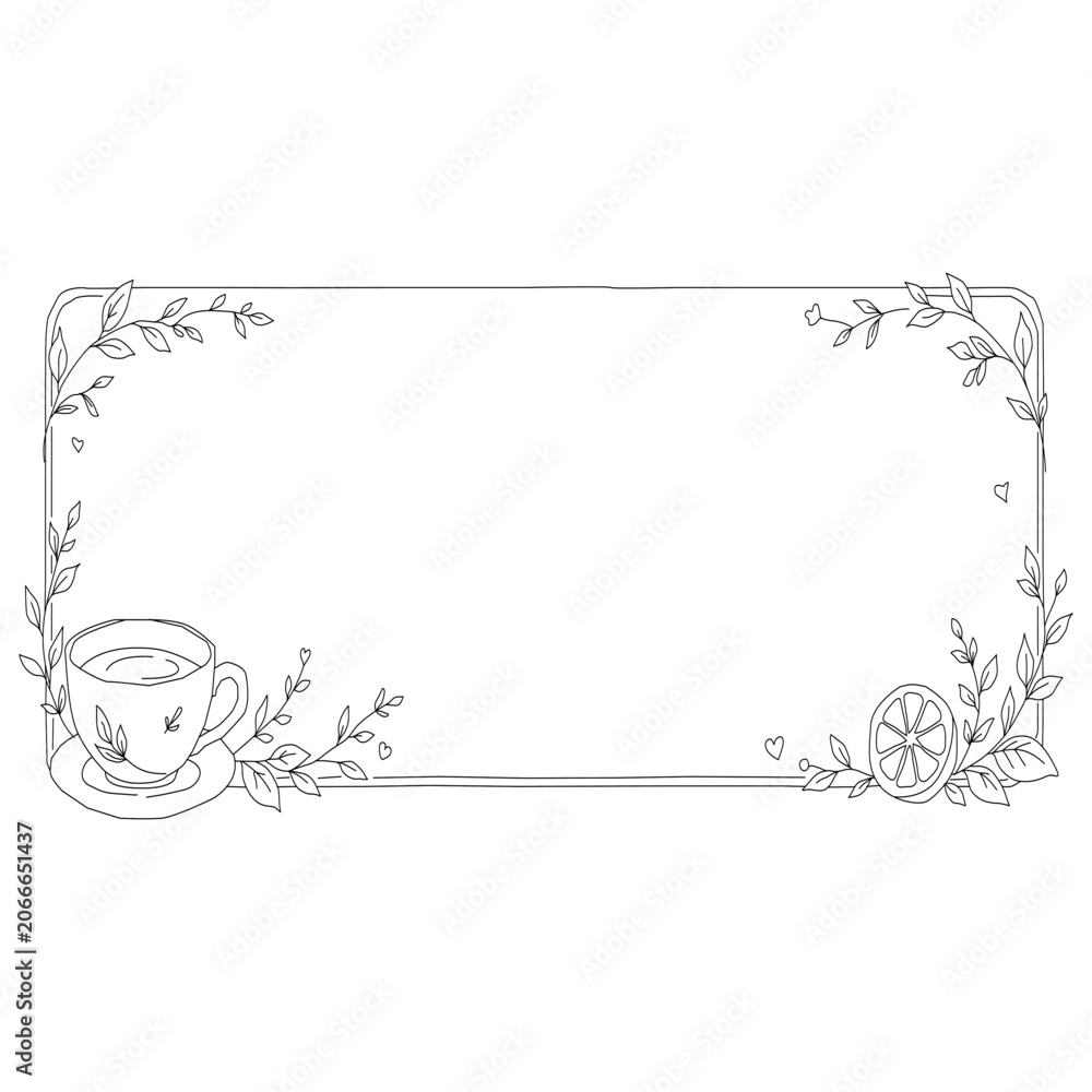 Fototapeta premium Tea Cup Botanical Frame Collection. Elegant Herbal Tea Border Set. Hand Drawn Tea Leaves Lemon Honey Decorative Outline Vector Illustration Bundle