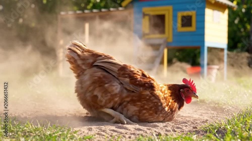 Domestic Brown Chicken Taking A Dust Bath Outside A Small Wooden Henhouse In A Sunny Backyard On A Warm Summer Day In The Countryside Setting