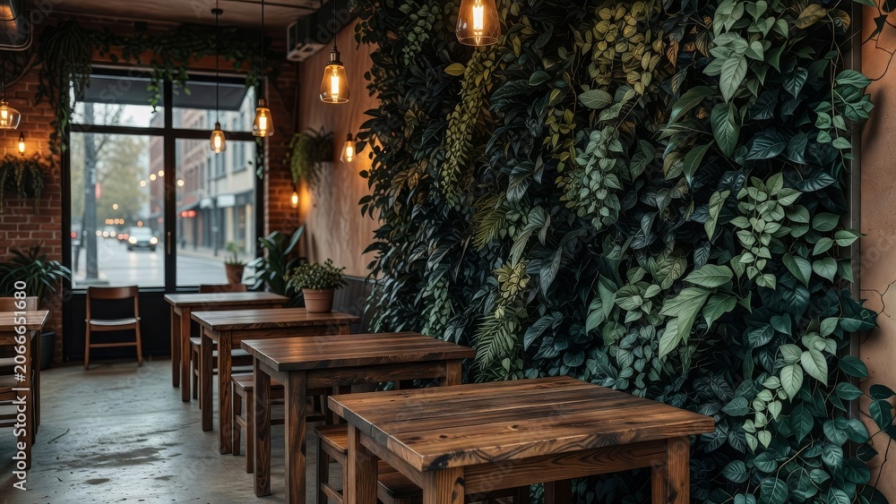 Fototapeta premium Artificial trailing plant ceiling creates a green restaurant wall with wood tables and lights