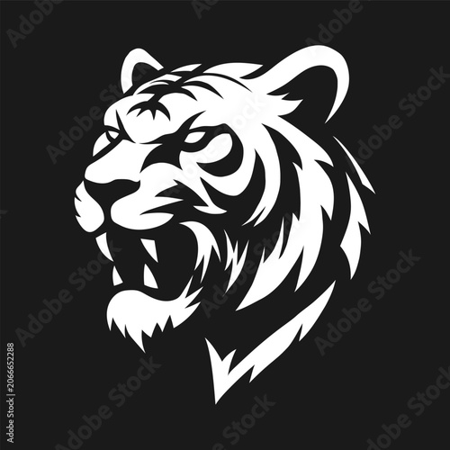 White tiger head logo on black background. Aggressive roaring mascot vector.