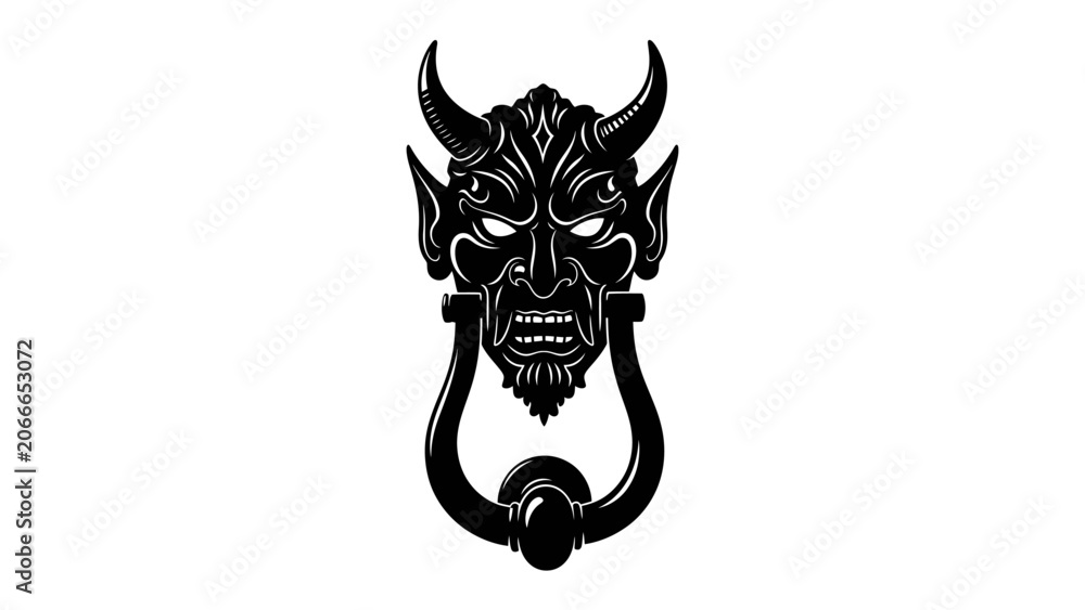 Fototapeta premium Gargoyle Door Knocker: A menacing gargoyle, cast in black, adorns an old door, its fierce gaze and wicked grin promising a dark welcome.