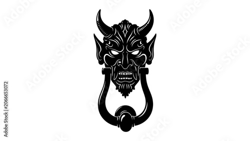 Fotografi Gargoyle Door Knocker: A menacing gargoyle, cast in black, adorns an old door, its fierce gaze and wicked grin promising a dark welcome