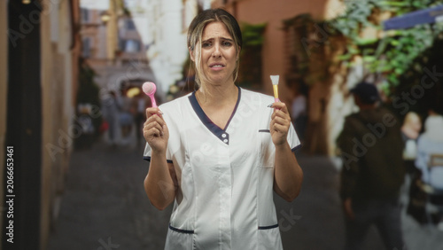 Woman cosmetician holding facial cleansing brush and mask brush with scrunched eyes on street; doubt.