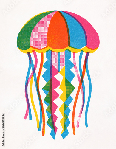 Vibrant colorful jellyfish in retro risograph style
