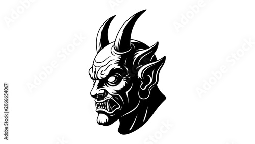 Φωτογραφία Demonic Visage: A striking black and white illustration of a demon's head, featuring sharp horns, piercing eyes, and a snarling expression, conveying a sense of menace and dark power