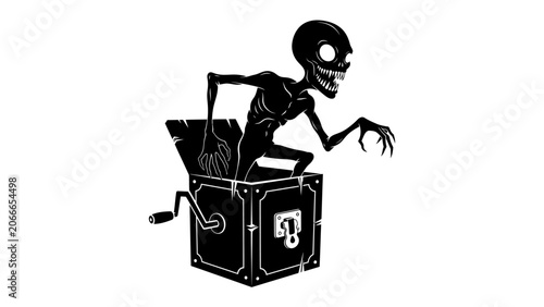 Obraz na plátně Scary Jack-in-the-Box Surprise: A sinister, shadowy figure with glowing eyes and sharp claws emerges from a vintage jack-in-the-box, delivering a frightful surprise