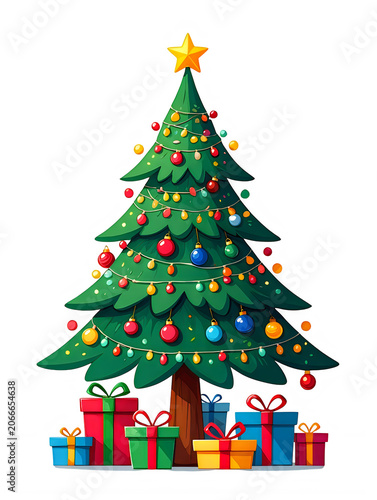Festive Cartoon Christmas Tree with Colorful Ornaments and Wrapped Gifts