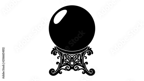 Photography Crystal Ball on Ornate Stand: A solitary black crystal ball rests atop an intricately designed ornate stand, hinting at mystery and divination