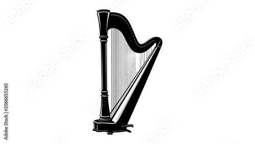 Foto Classical Harp: An elegant black and white illustration of a classical harp, showcasing its intricate design and graceful curves, ready to create beautiful music