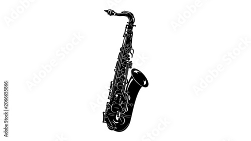 Tableau sur toile Silhouette of a Saxophone: A detailed silhouette of a tenor saxophone, showcasing its intricate keys and elegant curves, rendered in stark black against a clean white background