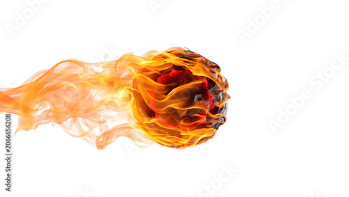 Realistic flaming fireball motion trail isolated on white background