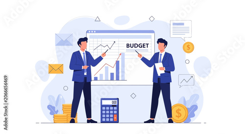Businessmen Analyzing Budget Data and Financial Growth with Charts and Calculator