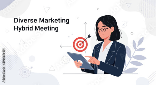 Businesswoman in Hybrid Meeting with Digital Tablet and Target Icon, Diverse Marketing Strategy