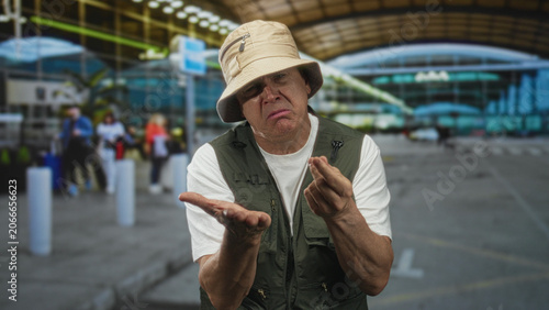 Billede på lærred Man with hands pressed together in pleading pose at airport terminal wearing bucket hat and fishing vest, anguished expression; pleading regret