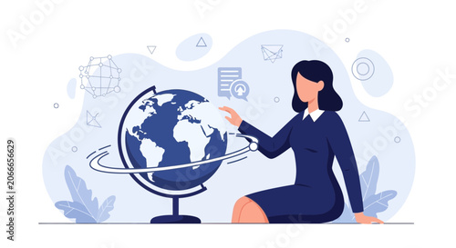 Businesswoman interacting with a spinning globe, symbolizing global business, technology, and international connection, flat vector illustration.