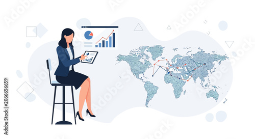 Businesswoman analyzing global data and network connections on world map, digital technology and analytics concept