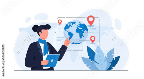 Businesswoman uses tablet to navigate global map with location pins, representing travel, logistics, and international business.