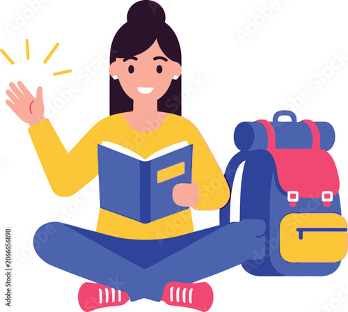 Smiling Girl Sitting Cross-Legged with Book and Backpack on White Background