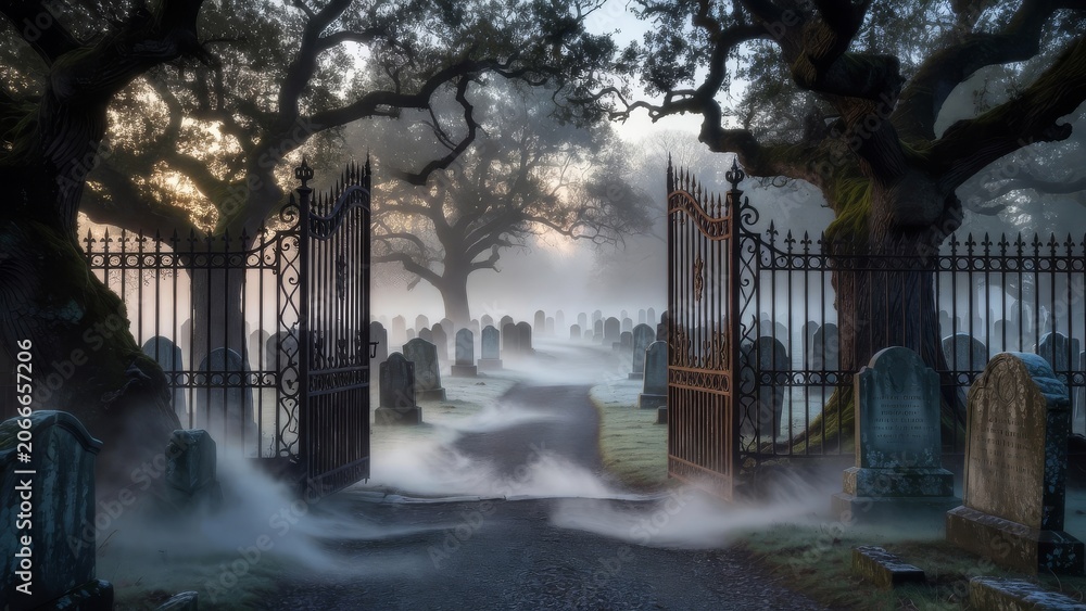 Naklejka premium Ancient cemetery gates open beside dark trees and weathered graves in a moody quiet scene