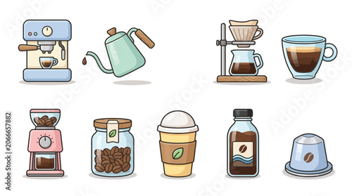 Bild auf Leinwand Collection of various coffee brewing equipment, coffee beans, and prepared coffee drinks in a cute cartoon style