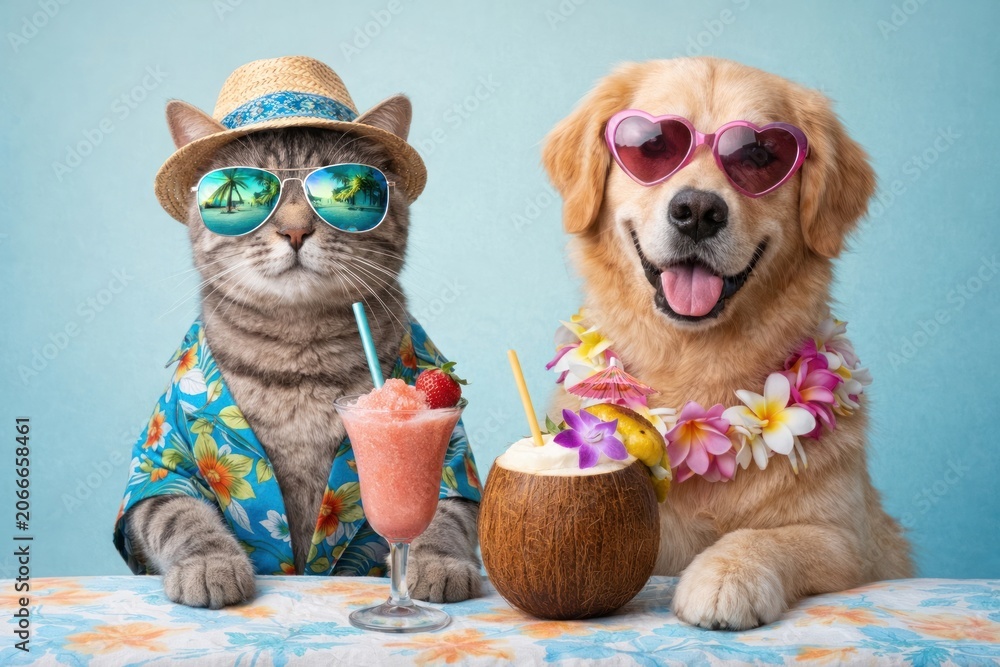 Fototapeta premium Cat dog tropical vacation fun