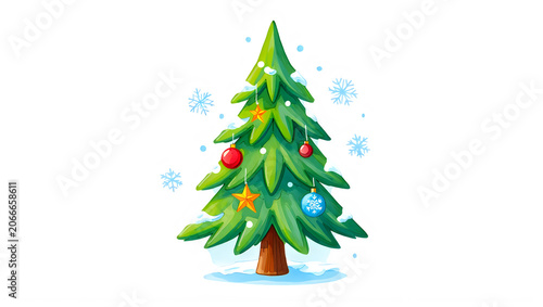 Watercolor Christmas Tree with Festive Ornaments and Snowflakes