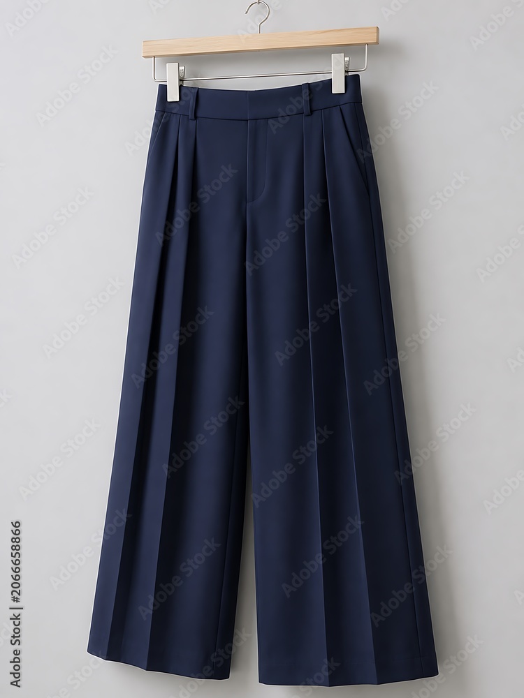 Fototapeta premium Navy Pleated Wide Leg Trousers Hanger Mockup on Natural Wood Clip Against Light Grey Wall