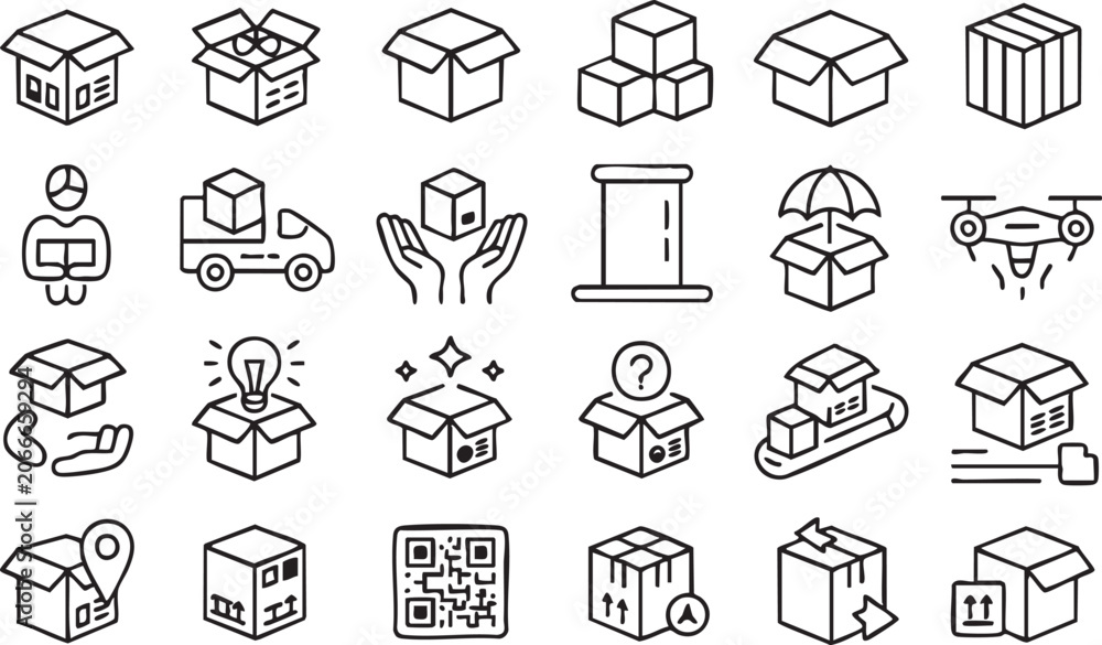 Fototapeta premium Logistics Shipping Line Icons with Package Warehouse Truck Drone and QR Tracking Symbols