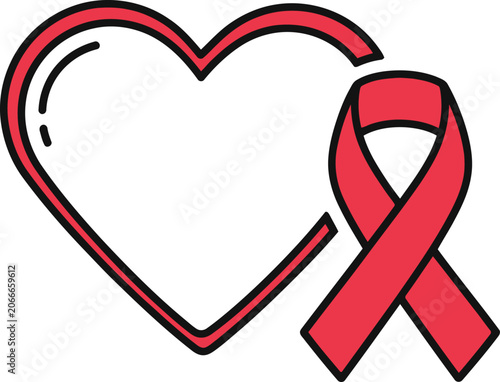 Red Heart with Ribbon on White Background