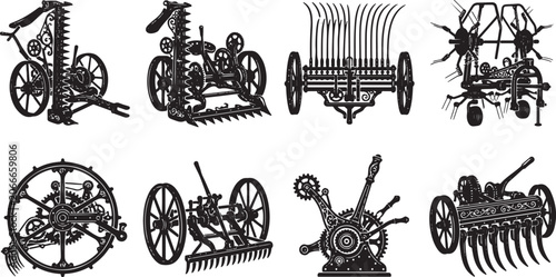 Картината върху платно Collection of black silhouettes featuring vintage agricultural machinery, antiqu