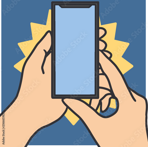 Touchscreen Smart Phone Held by Human Hands Vector. Ideal for technology presentations, mobile app promotions, mockups, digital marketing materials, and communication concepts.