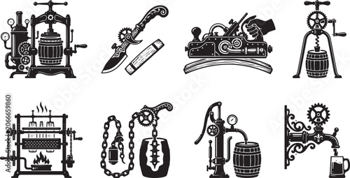 Quadro su tela Set of eight black and white vintage industrial featuring mechanical tools, wine