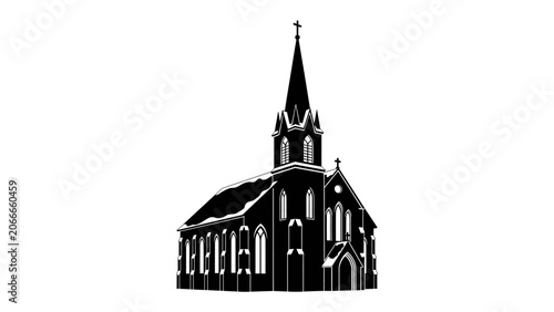 Foto Classic Church Silhouette: A striking black silhouette of a traditional church, complete with a steeple and arched windows, stands against a clean white background, representing faith and community