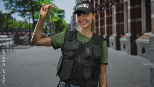 Fotografie Blonde woman in police uniform and tactical vest holding handcuffs aloft with one hand on a city street lined with brick buildings and trees; confidence duty