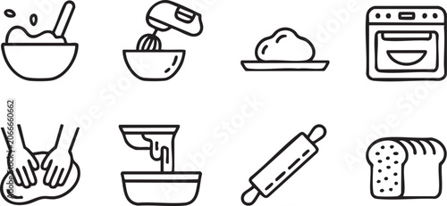 Obraz na płótnie Kitchen Cooking Outline Icon Set for Bakery Recipes Dough Kneading and Homemade