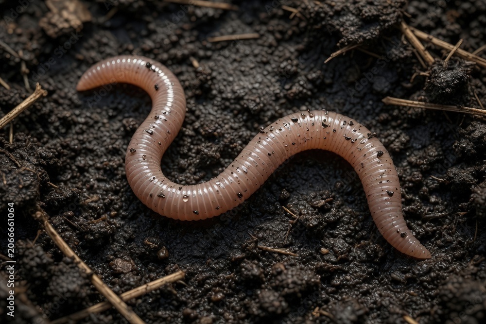 Fototapeta premium Close-Up Earthworm Crawling on Wet Garden Soil With Water Droplets and Organic Matter