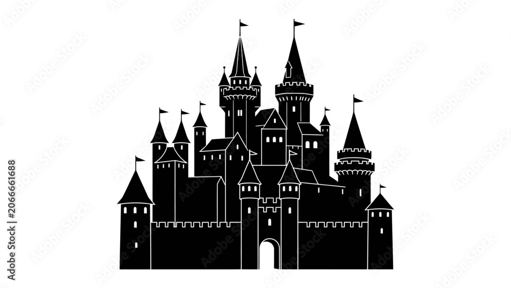 Fototapeta premium Fantasy Castle Silhouette: A majestic and imposing silhouette of a fairytale castle, complete with towering spires, battlements, and fluttering flags, stands as a symbol of imagination and wonder.