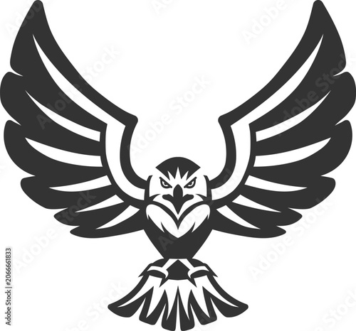 Flying eagle vector logo design template. Black and white heraldic bird icon.
