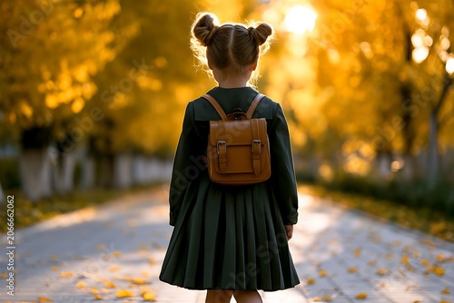 Schoolchild with backpack walking in autumn park, back view