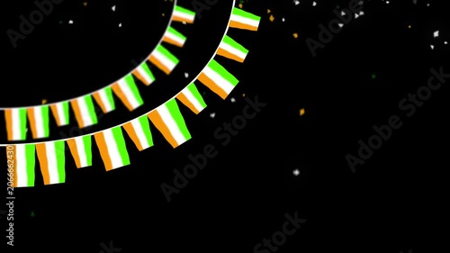 Indian Tricolor Flag Bunting Animation with Confetti on Black Background - Independence Day Celebration Loop, Festive animated video featuring curved strings of Indian tricolor flag bunting with float