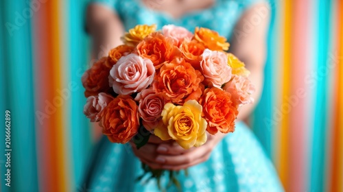 A stunning bouquet of colorful roses is presented in gentle hands, symbolizing beauty, love, and nature's artistry against a backdrop of vivid colors and patterns.