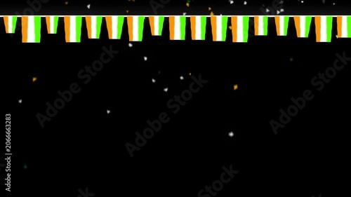 Indian Tricolor Garland with Falling Confetti on Dark Background, Festive Independence Day Animation, Animated festive background featuring Indian tricolor flag garlands (saffron, white, and green)