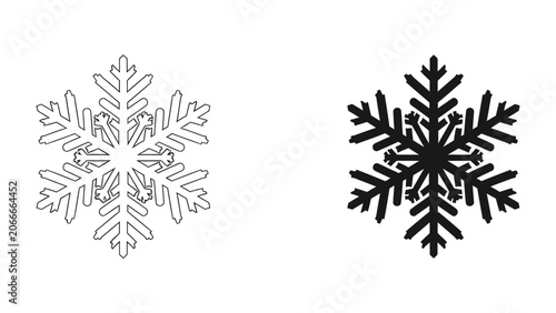 Fényképezés Snowflake Design Pair: A striking visual comparison of two snowflake illustrations, one outlined in black and the other a solid black silhouette, highlighting intricate crystalline patterns