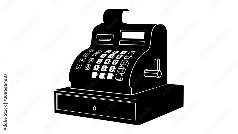 Εκτύπωση καμβά Vintage Cash Register Silhouette: A classic cash register rendered in a bold black silhouette, evoking a sense of nostalgia for old-fashioned commerce and transactions