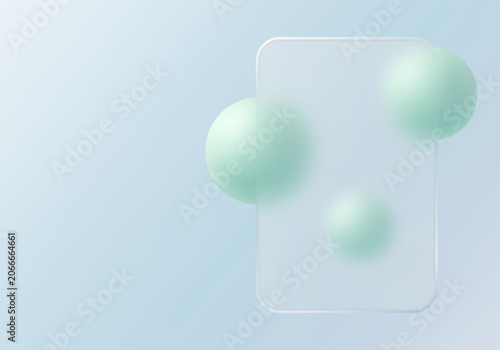 Vertical glassmorphism card with mint spheres on pale blue gradient background
