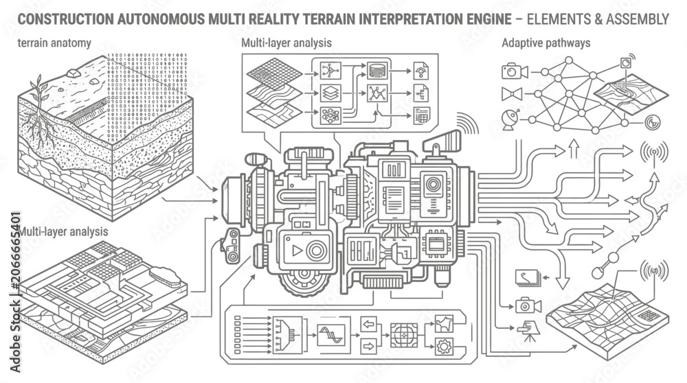 Fototapeta premium Multi-reality terrain interpretation engine modular diagram.
